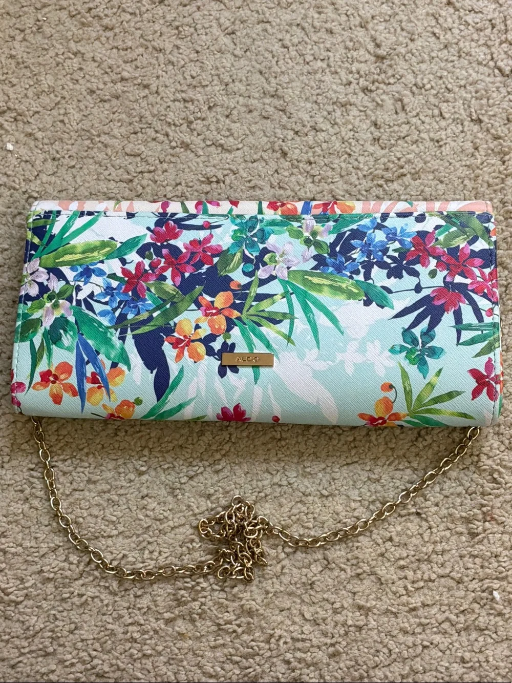 ALDO Mint Floral Convertible Clutch with Gold Chain